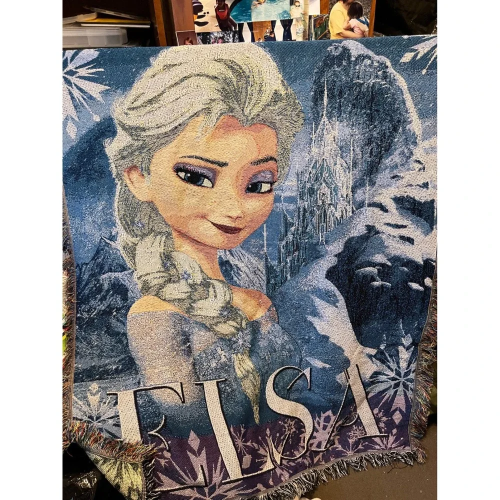 Disney Frozen Elsa‎ Woven Tapestry Throw Blanket Fringed 48x60 Kids Bedding Blue